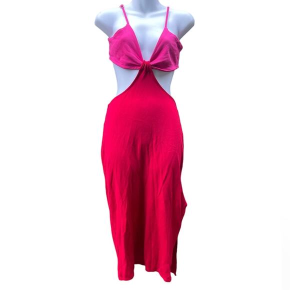 Lulus Posh Babe Red and Pink Color Block Cutout Midi Dress - Picture 2 of 7